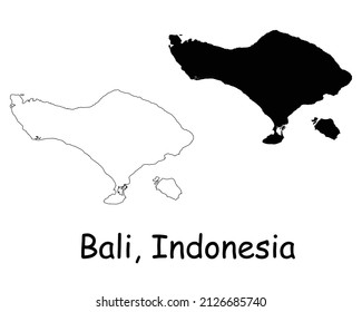 Mapa de Bali Indonesia. La silueta negra y el contorno aislaron a la isla de la provincia indonesia sobre fondo blanco. Símbolo de símbolo de símbolo de la línea fronteriza del territorio de Bali Vector EPS de parte de cliente