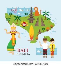 Bali, Indonesia Map with Travel and Attraction, Landmarks, Tourism and Traditional Culture