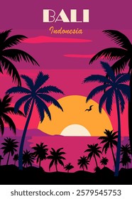 Bali, Indonesia travel poster in retro style with palm tree silhouettes and sunset on the ocean beach in the background. Colorful flat vector illustration.