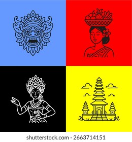Bali Indonesia Arte vectorial en el fondo amarillo, rojo, azul y negro