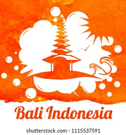 bali indonesian landscape watercolor, bali in indonesia view hand painted vector illustration, indonesia tourism, silhouette beach background bali, travel, poster typo with reflections indonesia