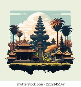 Bali Island Hindu Temple Indonesia Landmark for Silent Day Poster Vector Illustration Flat color style