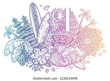 Bali island landmarks doodle lineart style vector illustration: barong  temples  surfboards   flowers and vintage gradient color