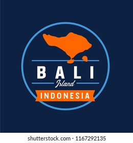 Bali island silhouette inside blue circle, decorated with simple typography. Suit for tour and travel agent logo, company stamps, product identity, etc