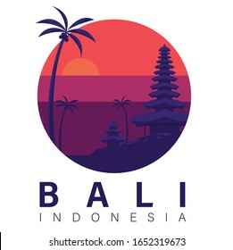 Bali Island Silhouette Panorama Illustration Vector Design, Pura Ulun Danu Baratan, Temple , Travel And Having Vacation InTropical Island Sunset, Trip To Bali Island In Indonesia