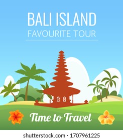 Bali Island with Ulun Danu Bratan Temple - Travel Banner with Palms and Text captions