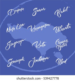 Bali lettering set: 12 vector indonesian cities (Denpasar, Sanur, Bukit, Nusa Dua, Karangasem, Uluwatu, Singaraja, Kuta, Gunung Batur, Seminyak, Ubud, Jimbaran). .