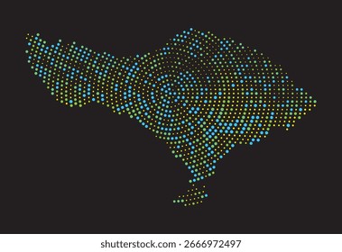 Mapa de Bali composto de pontos coloridos e de tamanho aleatório em preto