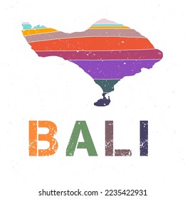 Bali map design. Shape of the island with beautiful geometric waves and grunge texture. Creative vector illustration.