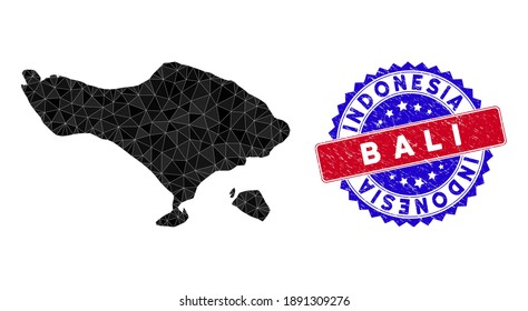 Bali map polygonal mesh with filled triangles, and textured bicolor seal. Triangle mosaic Bali map with mesh vector model, triangles have variable sizes, and positions, and color tints.