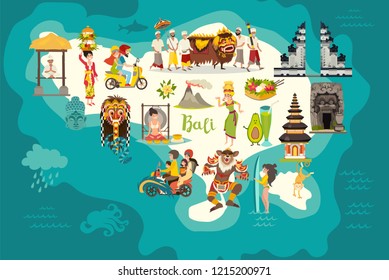 Mapa vectorial de Bali. Afiche abstracto del atlas. Mapa ilustrado de Bali para niños/niños. Coloridos monumentos diseñan arquitectura y templo.Año nuevo tradicional.Máscara balinesa y ofrendas a los espíritus