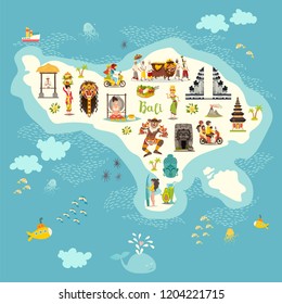 Bali map vector. Illustrated map of Bali for children/kid. Cartoon abstract atlas of Bali with landmark: gazebo, Temple, motorcycle and balinese dancer