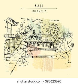 Bali museum in Denpasar, capital of Bali province, Indonesia, Southeast Asia.  Traditional Balinese architecture. Hand drawing. Travel sketch. Book illustration, postcard or poster template in vector