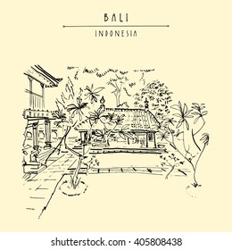 Bali museum in Denpasar, capital of Bali province, Indonesia, Southeast Asia.  Traditional Balinese architecture. Hand drawing. Travel sketch. Book illustration, postcard or poster template in vector
