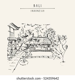 Bali museum in Denpasar, capital of Bali province, Indonesia, Southeast Asia.  Traditional Balinese architecture. Hand drawing. Travel sketch. Book illustration, postcard or poster template in vector