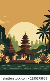 templo viejo de bali, fondo de cultura balinesa indonesia turismo estilo retro vectorial ilustración de color plano