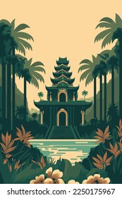 bali old temple, balinese culture background indonesia tourism retro style vector flat color illustration