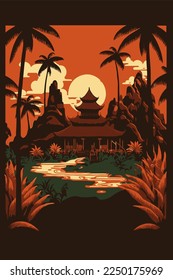 bali old temple, balinese culture background indonesia tourism retro style vector flat color illustration