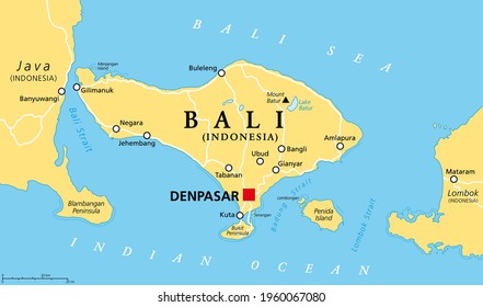 Bali political map, with capital Denpasar. A province and island of Indonesia, westernmost of Lesser Sunda Islands, east of Java, west of Lombok. The only Hindu-majority province in Indonesia. Vector.