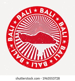 Bali round stamp. Logo of island with flag. Vintage badge with circular text and stars, vector illustration.