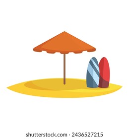 Bali sand beach with umbrella icon cartoon vector. Sport surfing boards. Summer travel