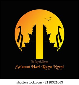 Bali Silent Day and Hindu New Year Vector Illustration, Bali Temple Poster and Banner, Happy Nyepi Day