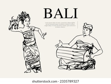 boceto bali del dibujo de tinta para la impresión de arte, postal, afiche, pancarta, viajes. pintura de bali. bailarina balí de sketch ink