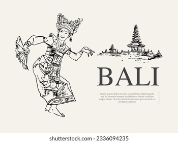 Esbozo de Bali para dibujar con tinta para imprimir en arte. Postal de Bali para dibujar con tinta. boceto asiático. Barong de dibujo