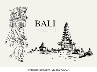 Bali sketch of ink on paper. vintage Bali poster. Ubud painting. Bedugul sketch. art Bali drawing. art print Bali. welcome Ubud poster 