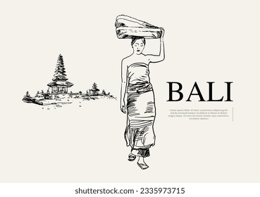 Bali sketch of ink on paper. vintage Bali poster. Ubud painting. Bedugul sketch. art Bali drawing. art print Bali. welcome Ubud poster 