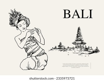 Esbozo de tinta de Bali en papel. afiche vintage de Bali. Pintura Ubud. Esbozo Bedugul. dibujo de Art Bali. impresión de arte en Bali. cartel de bienvenida de Ubud 