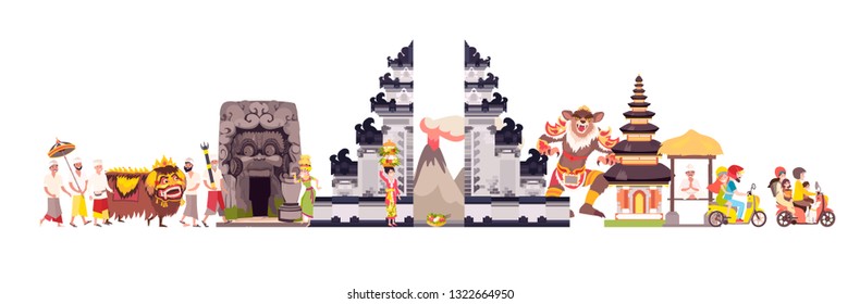 Bali skyline colorful background. Famous Balinese building. Bali hand drawn vector illustration. Balinese travel landmarks/attraction. Vector illustration isolated on white background