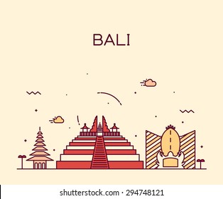 Bali skyline, detailed silhouette. Trendy vector illustration, linear style.