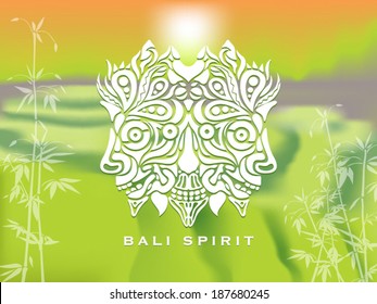 Bali spirit mask on a blurred tropical rice paddies background vector illustration