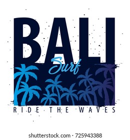 Bali Surfing graphic with palms. T-shirt design and print. Vector illustration