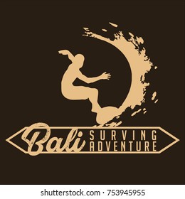 Bali surving adventure, surfer silhouette vector for tourism poster promotion