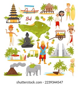 Bali symbols and famous landmarks set. Indonesia attractions cartoon vector