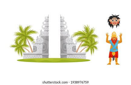 Bali Symbols and Landmarks with Monkey Mask and Split Gateway Vector Set