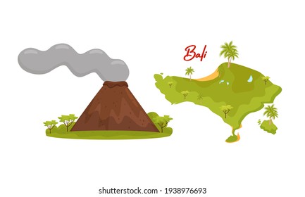 Bali Symbols and Landmarks with Volcano and Map Vector Set