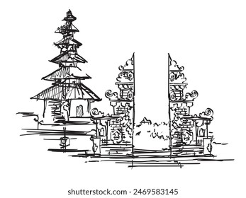 Bali temple Balinese building architecture gate traditional hand drawing sketch illustration temple Indonesia