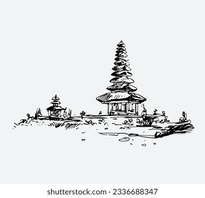 bali temple of drawing ink sketch for vintage poster, postcard, banner tourism.