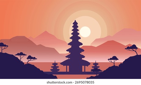 Bali temple landscape flat illustration