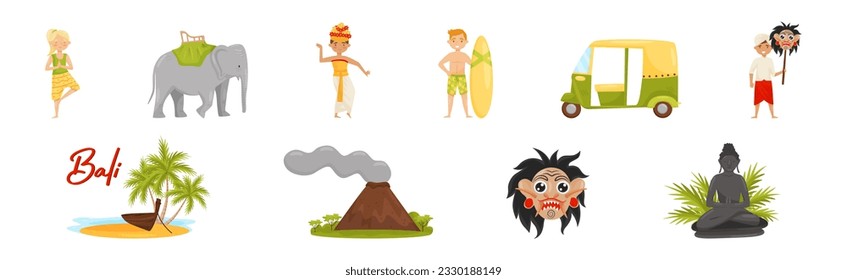 Bali Travel with Landmark and Happy Man and Woman Vector Set.