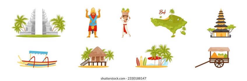 Bali Travel Landmark with Split Gateway, Beach, Pagoda and Hut Vector Set