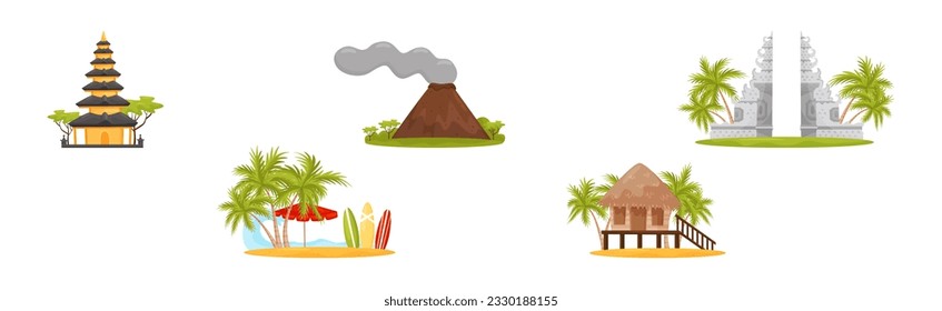 Bali Travel Landmark with Split Gateway, Beach, Volcano, Pagoda and Hut Vector Set