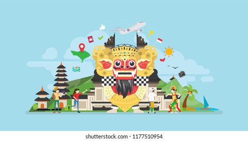 Bali Tropical Island Tourist Attraction Tiny People Character Concept Vector Illustration, Suitable For Wallpaper, Banner, Background, Card, Book Illustration, And Web Landing Page