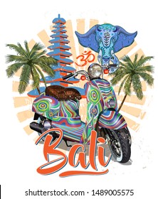 Bali typography for t-shirt print with retro scooter.Vintage poster.