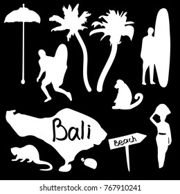 Bali vector elements set isolated. Palm trees, monkey, surfers with surfboards, umbrella, woman with offerings, civet, signpost