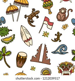 Bali vector seamless pattern. Balinese traditional Temple, Barong mask, monkey, surf board, gecko, cacoa palm tree, Indonesian flag, frangipani flowers, wave, durian on the white background.