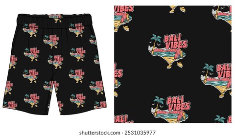 bali vibes summer tropical seamless pattern all over print with men's shorts fashion flat sketch vector graphic artwork to use fashion, clothing, textile